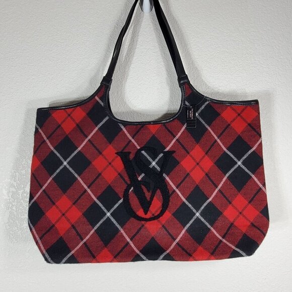 Victoria's Secret Handbags - Victorias Secret Red & Black Tartan Plaid Tote Bag VS Logo Hobo 19.5" x 12"